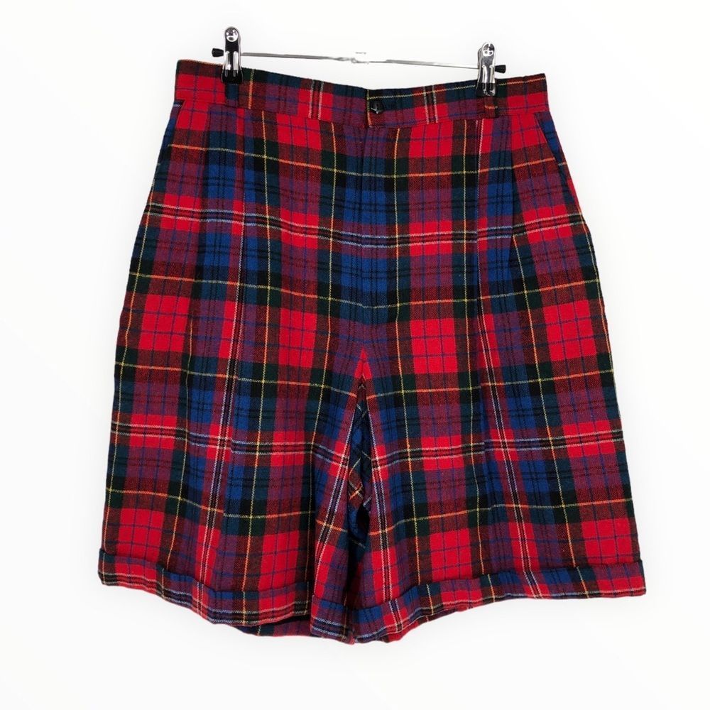 80’s Vintage Multicolor Holiday Plaid High Rise Wool Blend Shorts size 14